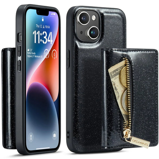 DG.MING M3 Series For iPhone 15 Detachable Magnetic Wallet Case Glittery Leather Coated PC+TPU Kickstand Phone Cover - Black - 1