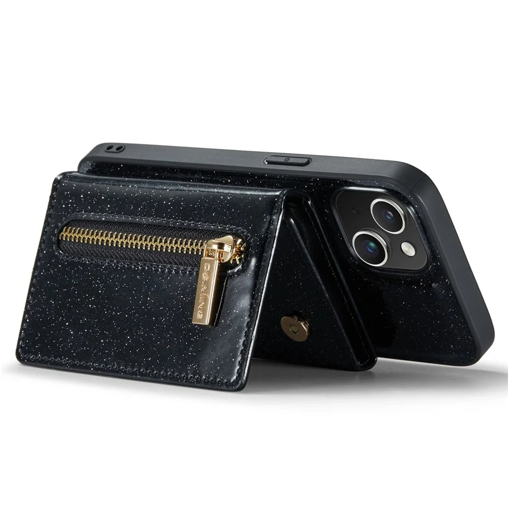 DG.MING M3 Series For iPhone 15 Detachable Magnetic Wallet Case Glittery Leather Coated PC+TPU Kickstand Phone Cover - Black - 3
