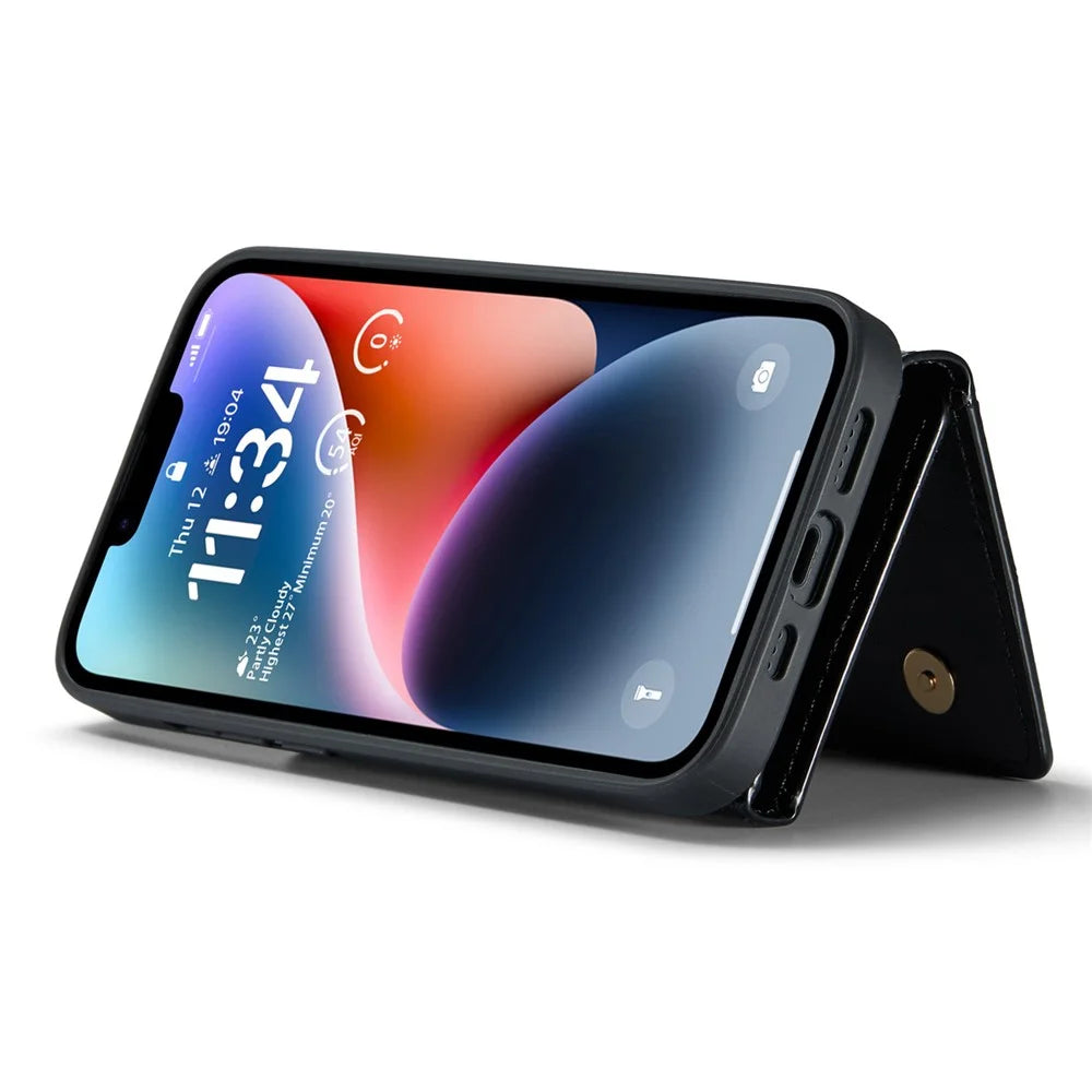 DG.MING M3 Series For iPhone 15 Detachable Magnetic Wallet Case Glittery Leather Coated PC+TPU Kickstand Phone Cover - Black - 4
