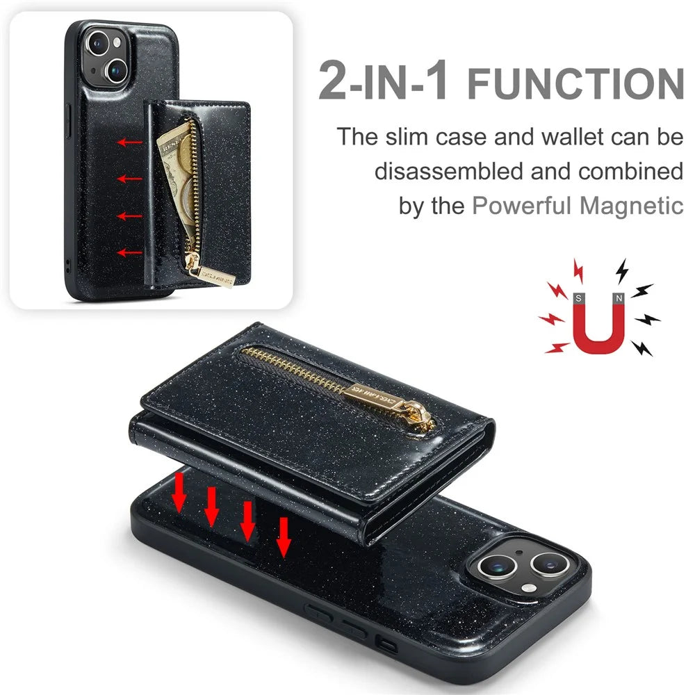 DG.MING M3 Series For iPhone 15 Detachable Magnetic Wallet Case Glittery Leather Coated PC+TPU Kickstand Phone Cover - Black - 5