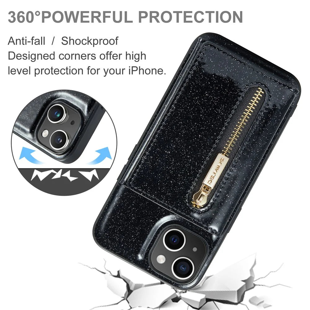 DG.MING M3 Series For iPhone 15 Detachable Magnetic Wallet Case Glittery Leather Coated PC+TPU Kickstand Phone Cover - Black - 6