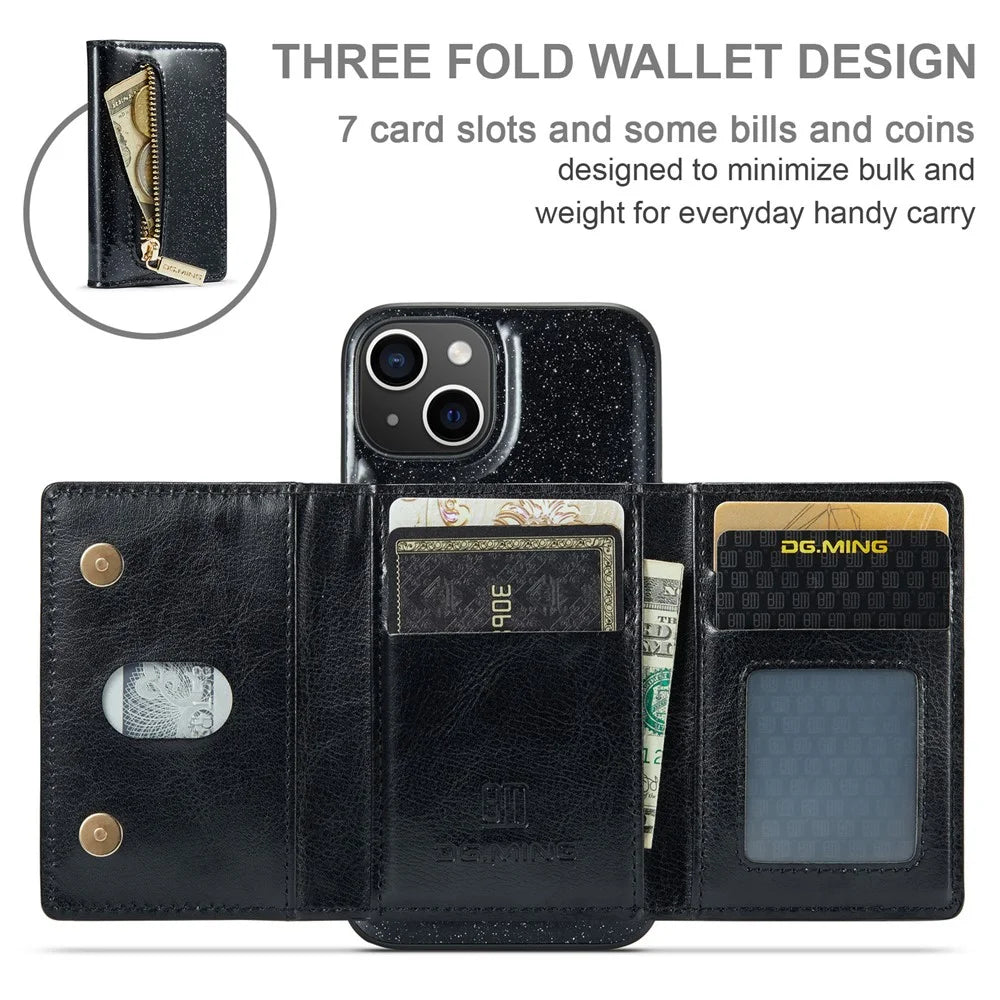 DG.MING M3 Series For iPhone 15 Detachable Magnetic Wallet Case Glittery Leather Coated PC+TPU Kickstand Phone Cover - Black - 7