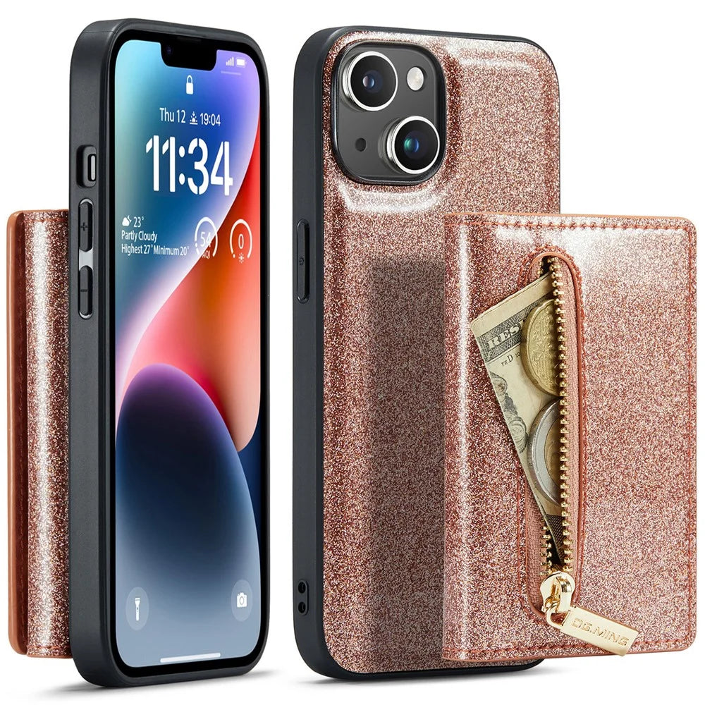 DG.MING M3 Series For iPhone 15 Plus Kickstand Wallet Case Glittery Leather Coated PC+TPU Detachable Magnetic Phone Cover - Rose Gold - 1
