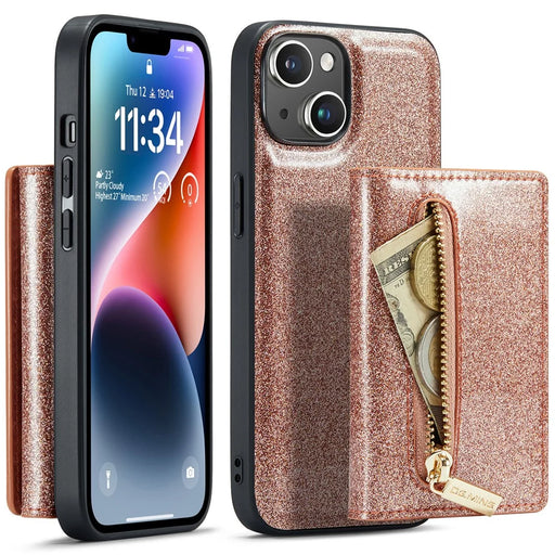 DG.MING M3 Series For iPhone 15 Plus Kickstand Wallet Case Glittery Leather Coated PC+TPU Detachable Magnetic Phone Cover - Rose Gold - 1