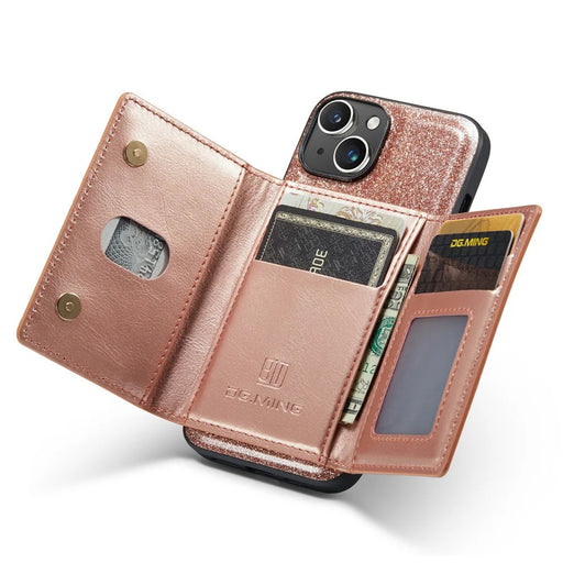 DG.MING M3 Series For iPhone 15 Plus Kickstand Wallet Case Glittery Leather Coated PC+TPU Detachable Magnetic Phone Cover - Rose Gold - 2