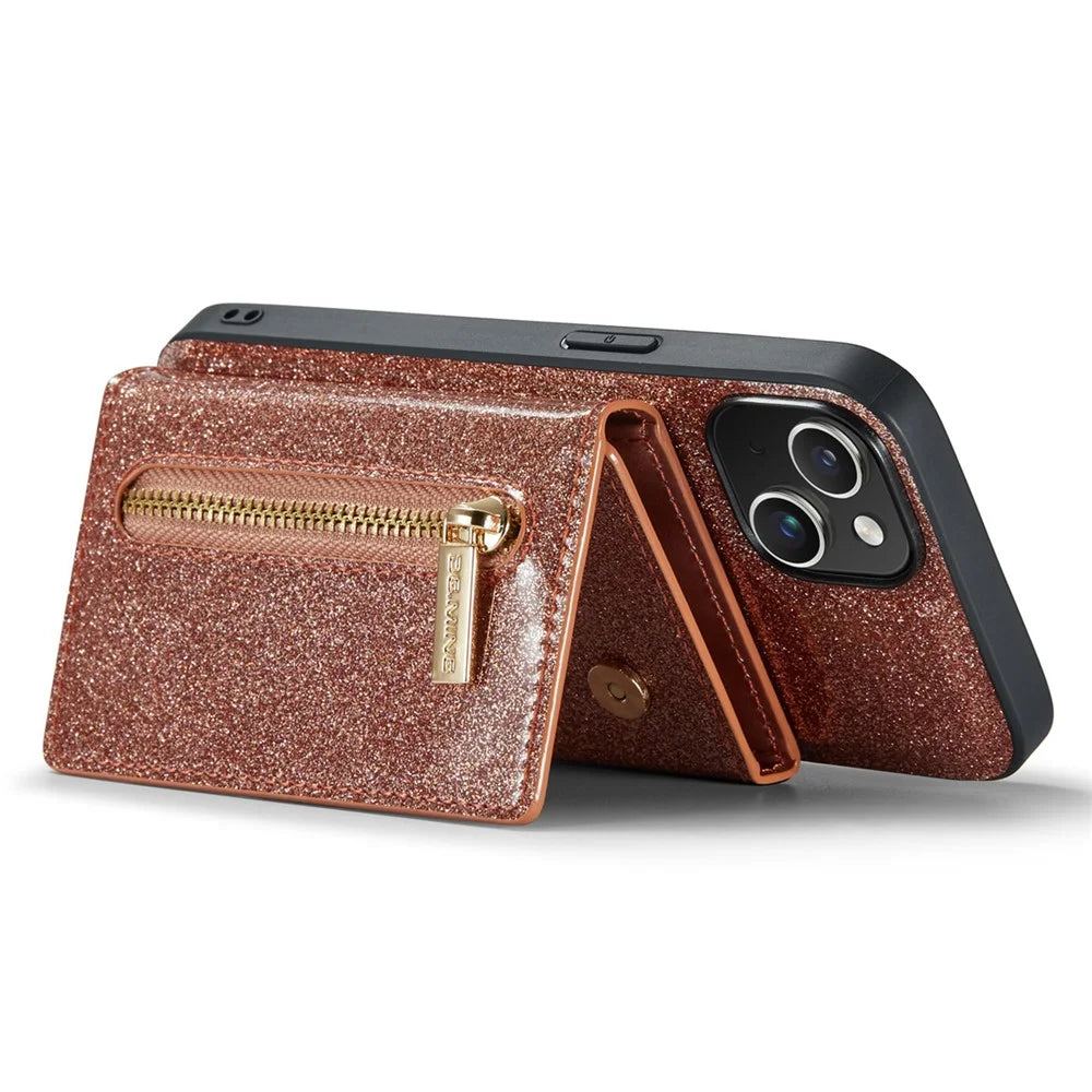 DG.MING M3 Series For iPhone 15 Plus Kickstand Wallet Case Glittery Leather Coated PC+TPU Detachable Magnetic Phone Cover - Rose Gold - 3