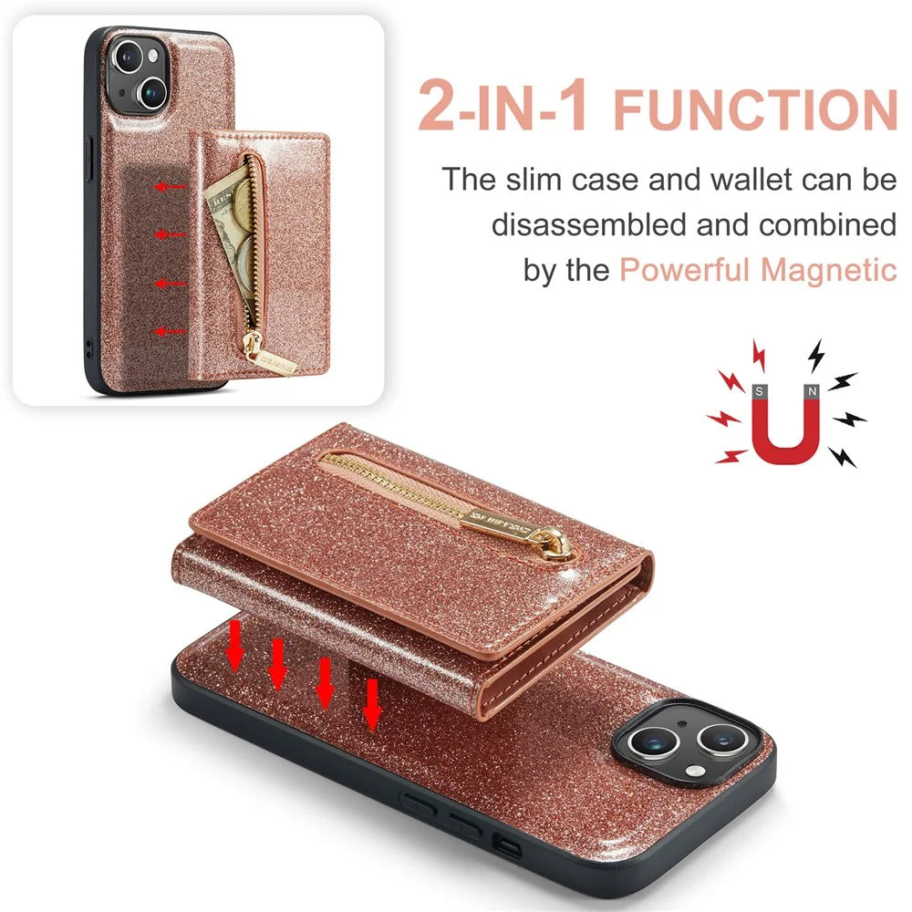 DG.MING M3 Series For iPhone 15 Plus Kickstand Wallet Case Glittery Leather Coated PC+TPU Detachable Magnetic Phone Cover - Rose Gold - 5