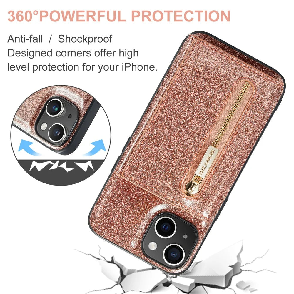 DG.MING M3 Series For iPhone 15 Plus Kickstand Wallet Case Glittery Leather Coated PC+TPU Detachable Magnetic Phone Cover - Rose Gold - 6