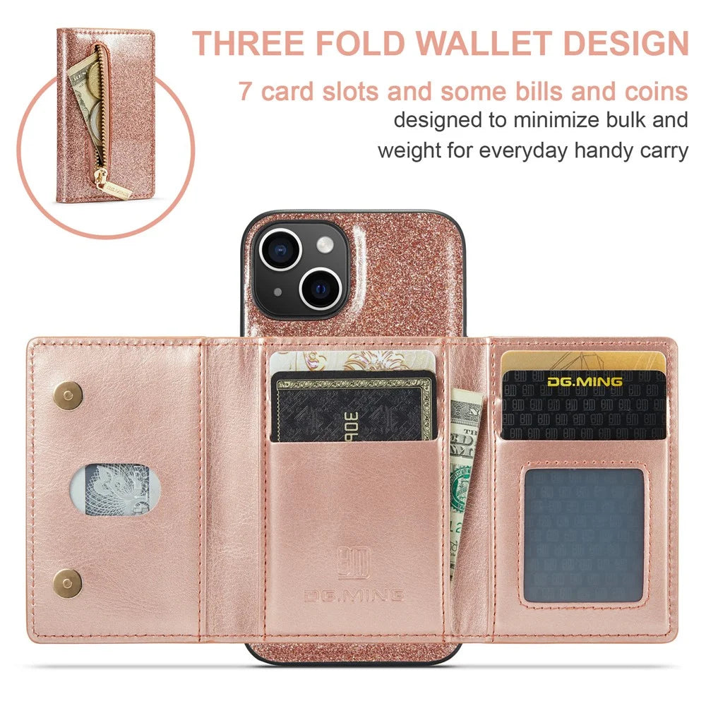 DG.MING M3 Series For iPhone 15 Plus Kickstand Wallet Case Glittery Leather Coated PC+TPU Detachable Magnetic Phone Cover - Rose Gold - 7