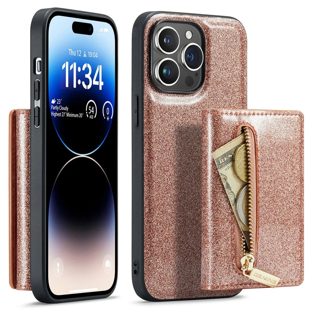 DG.MING M3 Series For iPhone 15 Pro Kickstand Cover Glittery Leather Coated PC+TPU Detachable Wallet Phone Case - Rose Gold - 1