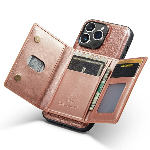 DG.MING M3 Series For iPhone 15 Pro Kickstand Cover Glittery Leather Coated PC+TPU Detachable Wallet Phone Case - Rose Gold - 2