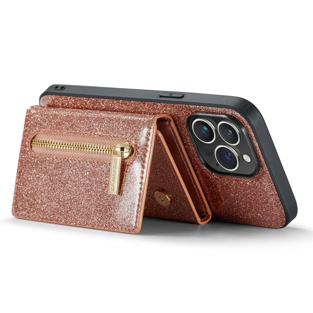 DG.MING M3 Series For iPhone 15 Pro Kickstand Cover Glittery Leather Coated PC+TPU Detachable Wallet Phone Case - Rose Gold - 3
