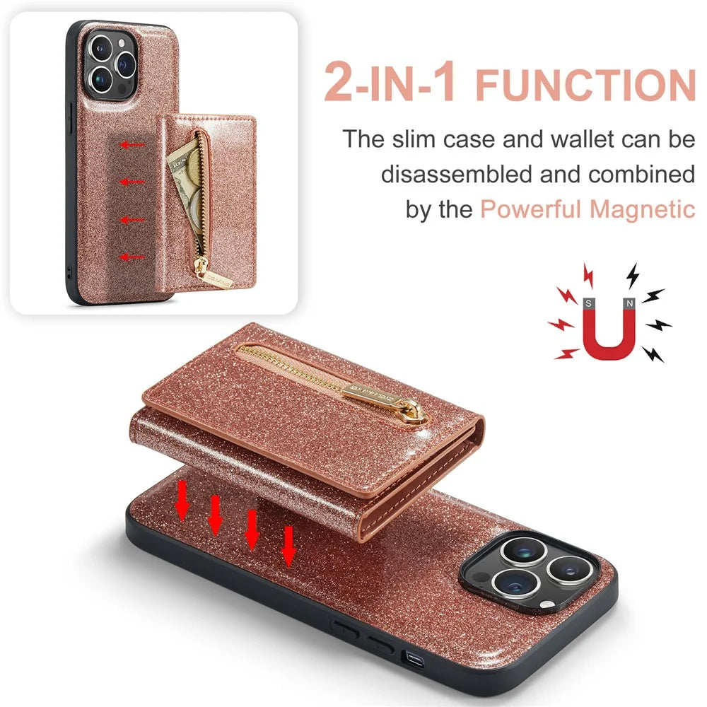DG.MING M3 Series For iPhone 15 Pro Kickstand Cover Glittery Leather Coated PC+TPU Detachable Wallet Phone Case - Rose Gold - 5