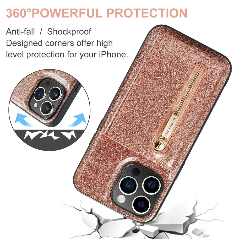 DG.MING M3 Series For iPhone 15 Pro Kickstand Cover Glittery Leather Coated PC+TPU Detachable Wallet Phone Case - Rose Gold - 6