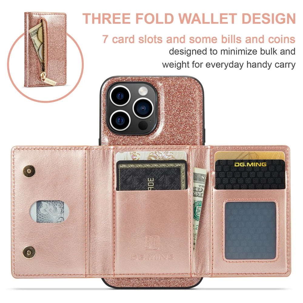 DG.MING M3 Series For iPhone 15 Pro Kickstand Cover Glittery Leather Coated PC+TPU Detachable Wallet Phone Case - Rose Gold - 7
