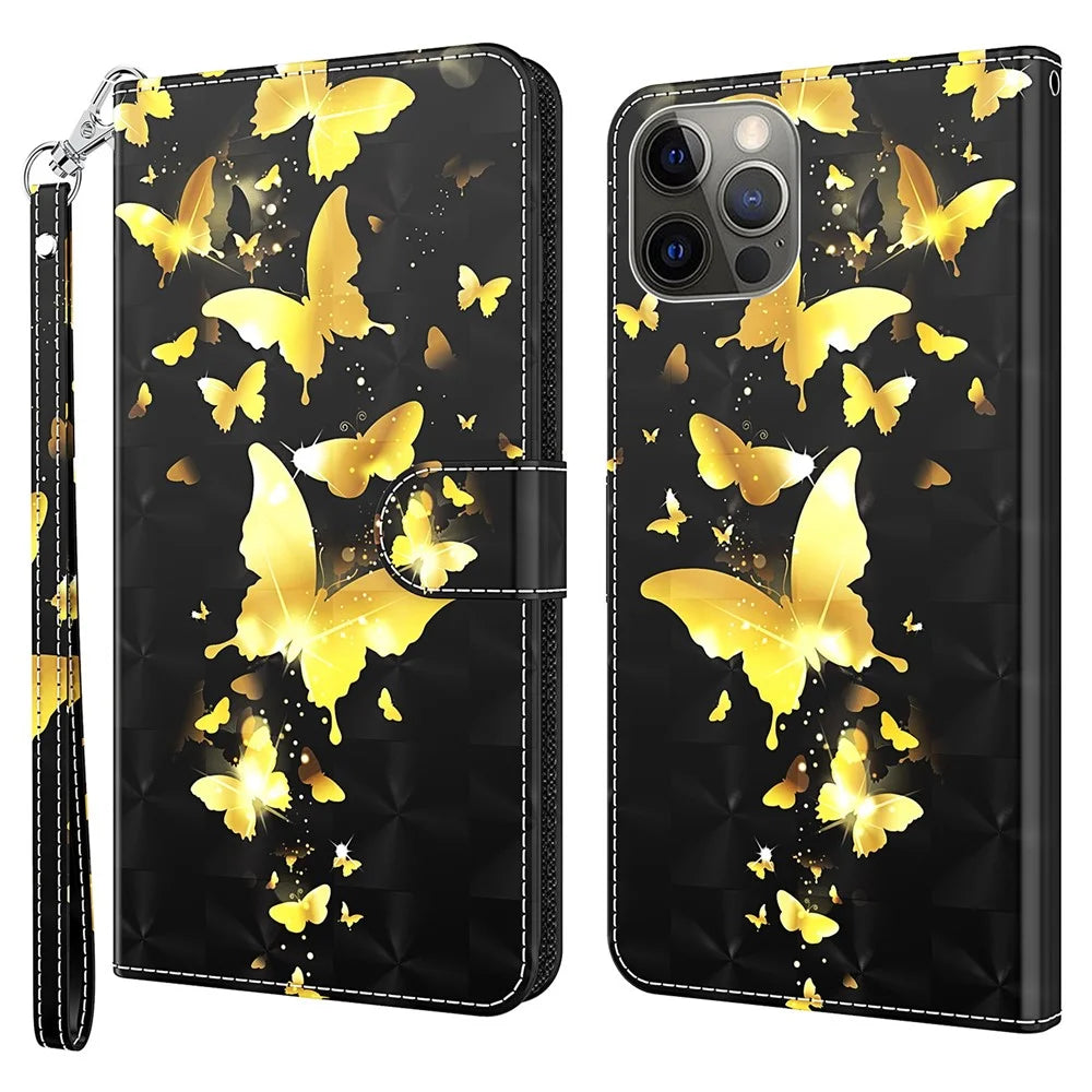 Wallet Case for iPhone 15 Pro , 3D Pattern Printing PU Leather Stand Phone Cover with Strap - Golden Butterflies - 1