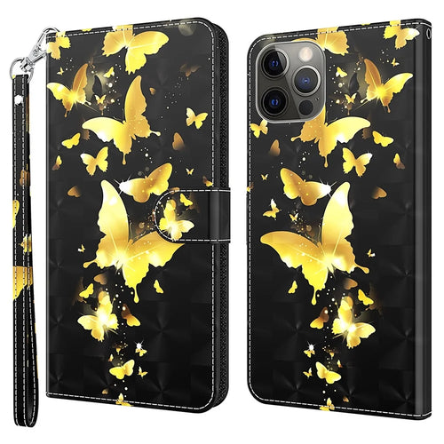 Wallet Case for iPhone 15 Pro , 3D Pattern Printing PU Leather Stand Phone Cover with Strap - Golden Butterflies - 1