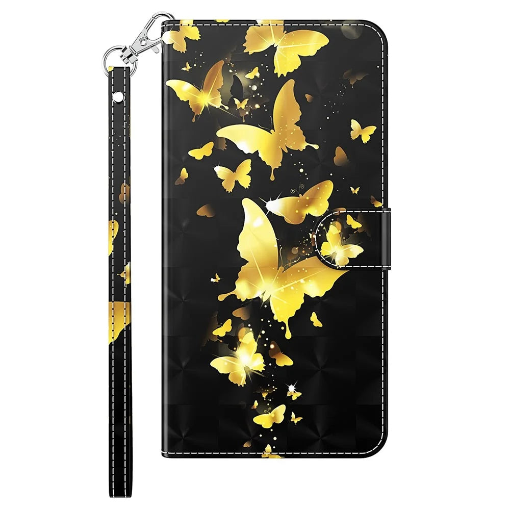 Wallet Case for iPhone 15 Pro , 3D Pattern Printing PU Leather Stand Phone Cover with Strap - Golden Butterflies - 7