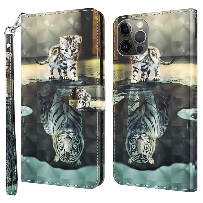 PU Leather Flip Cover for iPhone 15 Pro Max , Wallet Stand 3D Pattern Printing Phone Case with Strap - Cat and Tiger - 1