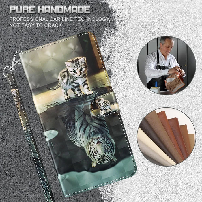 PU Leather Flip Cover for iPhone 15 Pro Max , Wallet Stand 3D Pattern Printing Phone Case with Strap - Cat and Tiger - 4