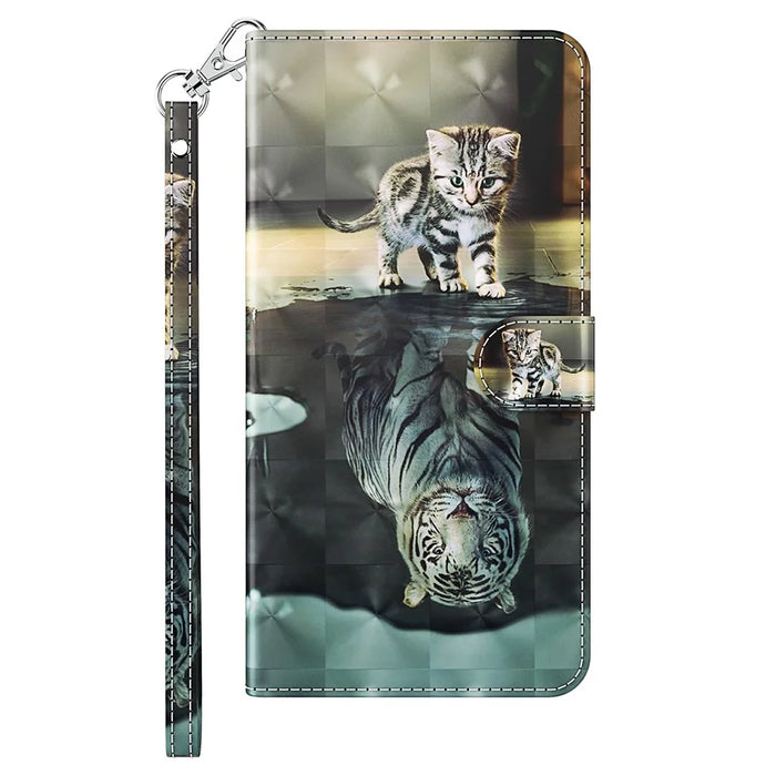 PU Leather Flip Cover for iPhone 15 Pro Max , Wallet Stand 3D Pattern Printing Phone Case with Strap - Cat and Tiger - 7