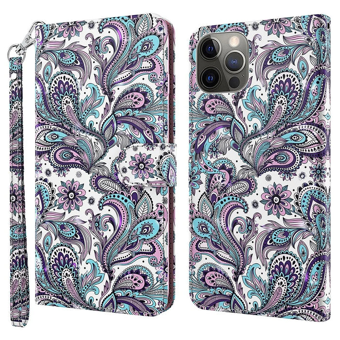 For iPhone 15 3D Pattern Printing Flip Case PU Leather Wallet Stand Phone Cover with Strap - Impatiens - 1
