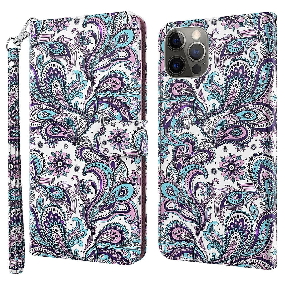 For iPhone 15 Plus Stand Feature Flip Case PU Leather 3D Pattern Printing Wallet Phone Cover with Strap - Impatiens - 1