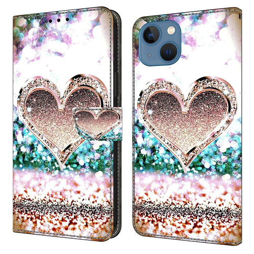 For iPhone 15 Wallet Case 3D Pattern Printing PU Leather Stand Flip Phone Cover - Pink Diamond Heart - 1