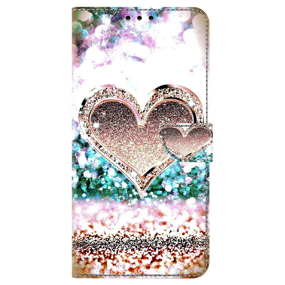 For iPhone 15 Wallet Case 3D Pattern Printing PU Leather Stand Flip Phone Cover - Pink Diamond Heart - 6