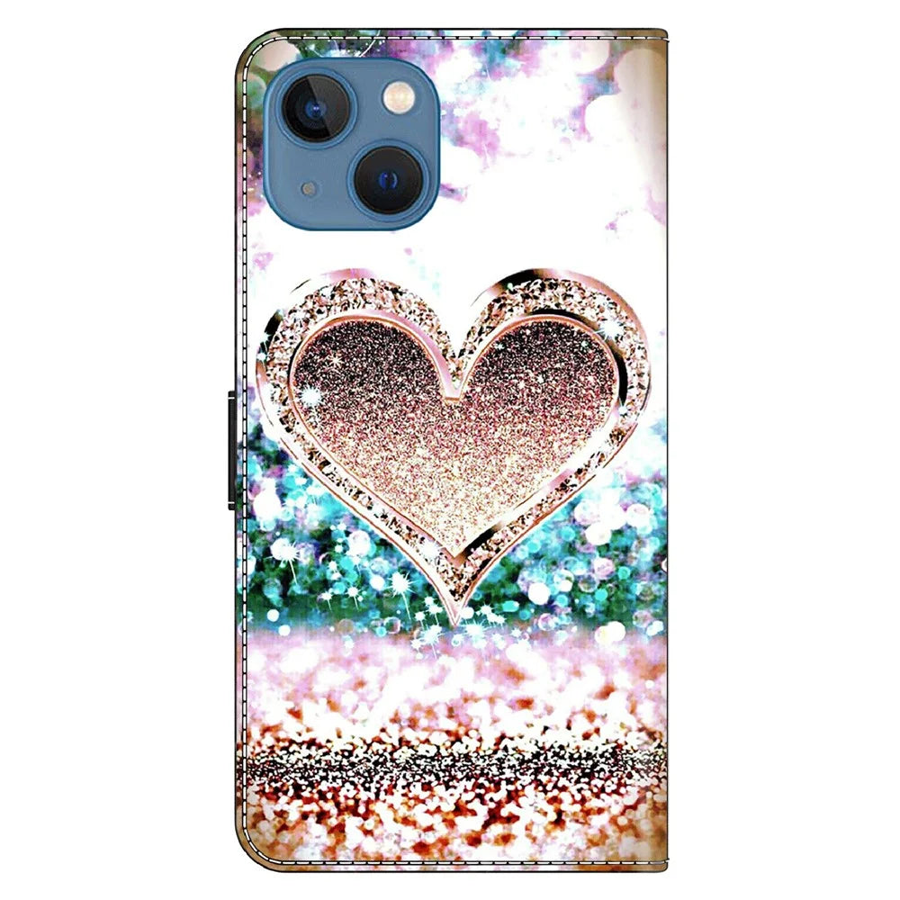 For iPhone 15 Wallet Case 3D Pattern Printing PU Leather Stand Flip Phone Cover - Pink Diamond Heart - 7