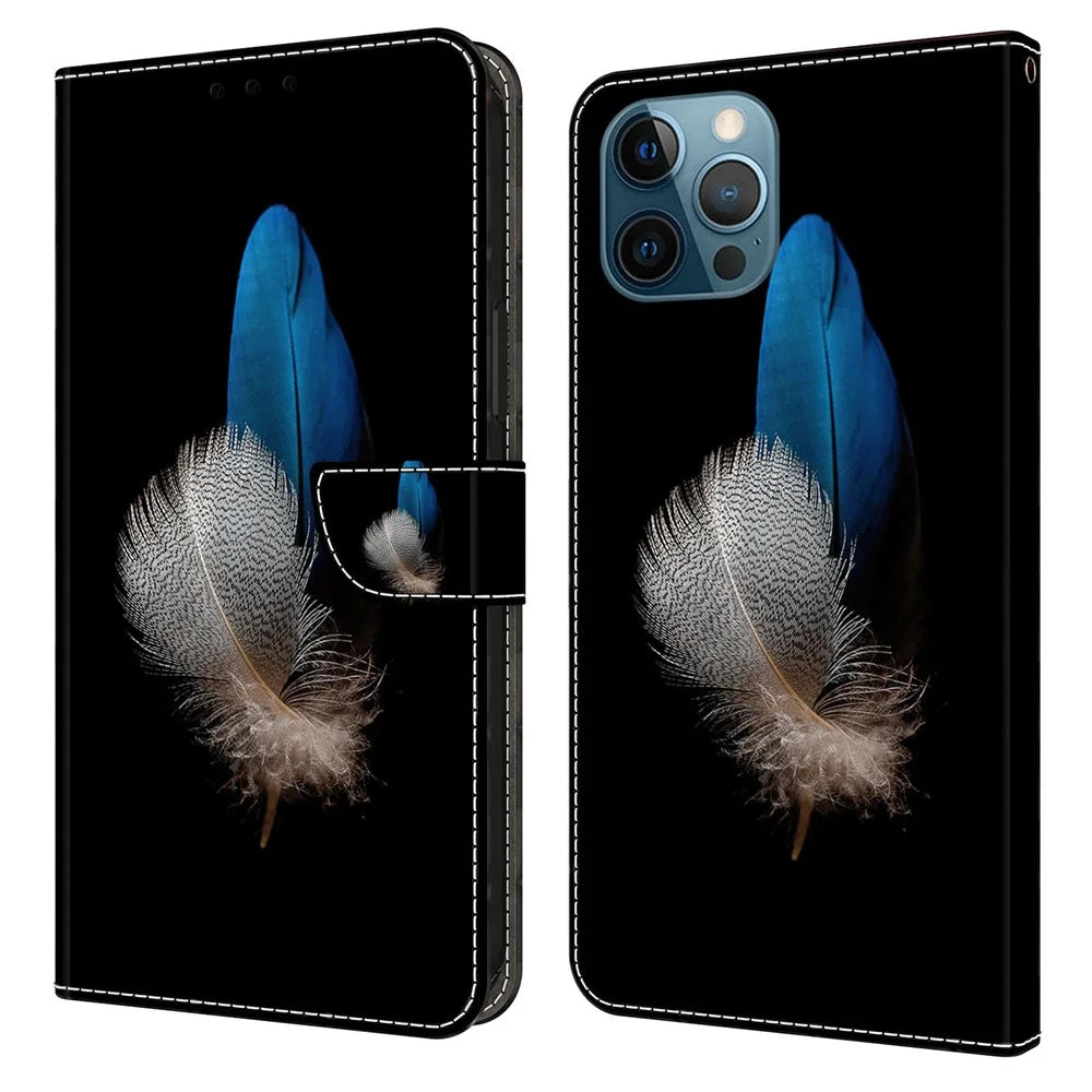 For iPhone 15 Pro PU Leather Phone Case 3D Pattern Printing Wallet Stand Protective Cover - Two Feathers - 1
