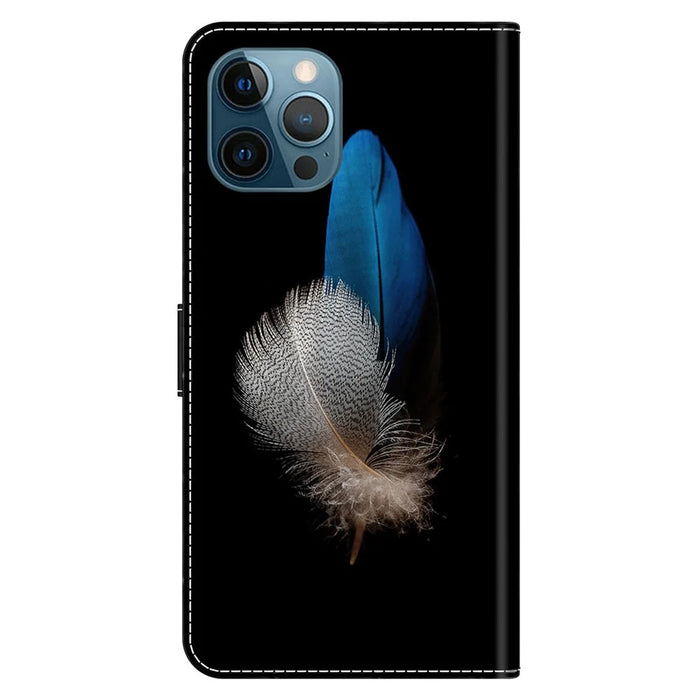 For iPhone 15 Pro PU Leather Phone Case 3D Pattern Printing Wallet Stand Protective Cover - Two Feathers - 7