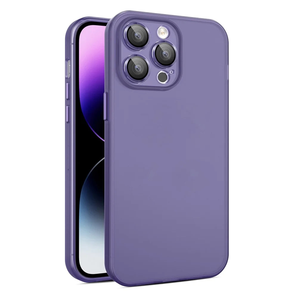 PC+TPU Phone Case for iPhone 15 Pro Max , Translucent Matte Protective Cover with Glass Lens Film - Dark Purple - 1