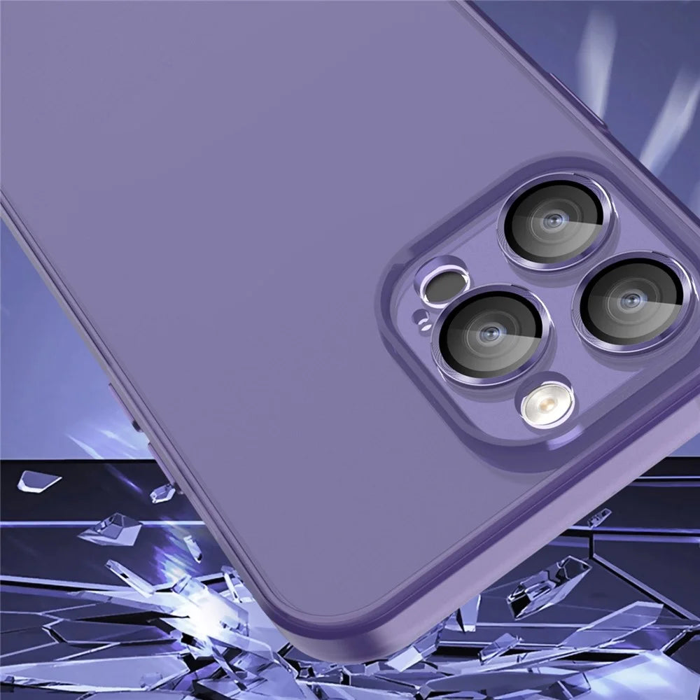 PC+TPU Phone Case for iPhone 15 Pro Max , Translucent Matte Protective Cover with Glass Lens Film - Dark Purple - 2