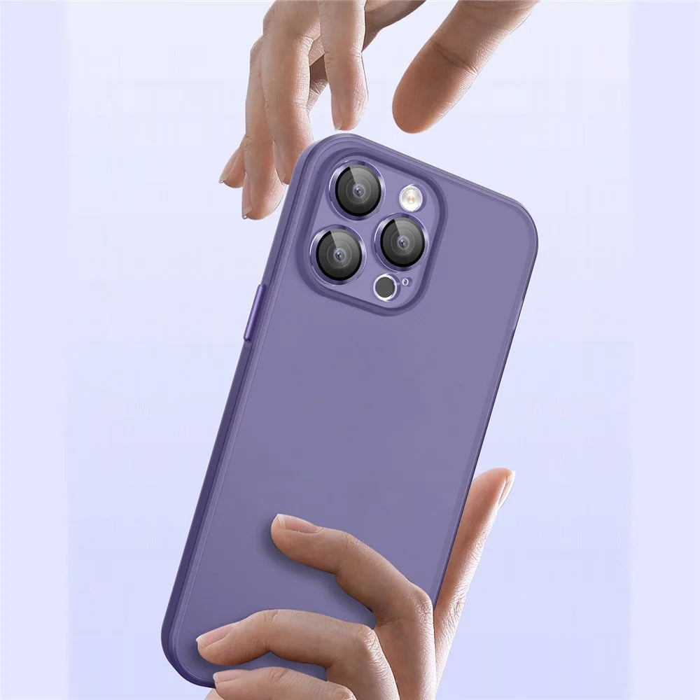 PC+TPU Phone Case for iPhone 15 Pro Max , Translucent Matte Protective Cover with Glass Lens Film - Dark Purple - 3