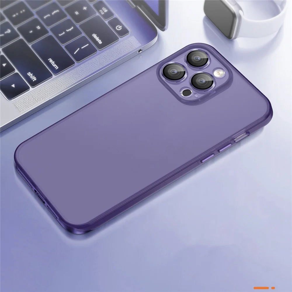 PC+TPU Phone Case for iPhone 15 Pro Max , Translucent Matte Protective Cover with Glass Lens Film - Dark Purple - 5