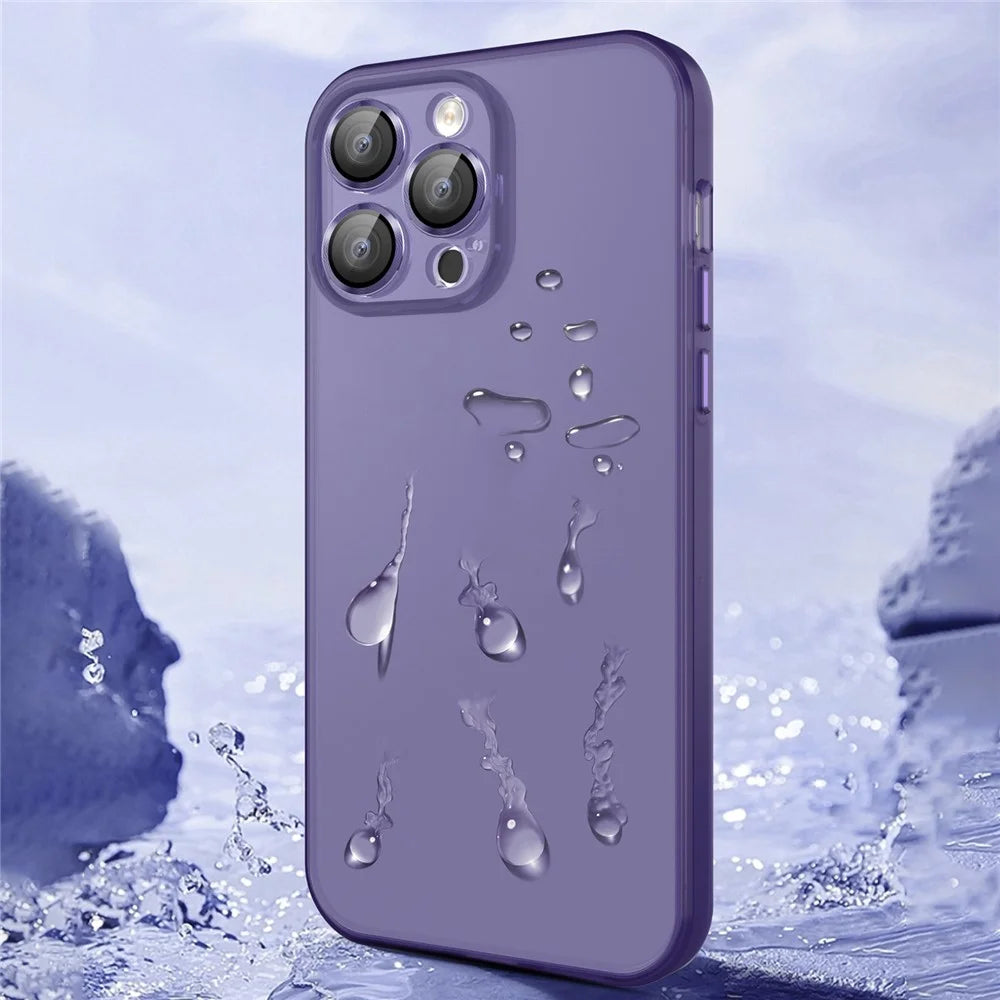 For iPhone 15 Plus Shockproof Phone Case PC+TPU Translucent Matte Cover with Glass Lens Film - Dark Purple - 6
