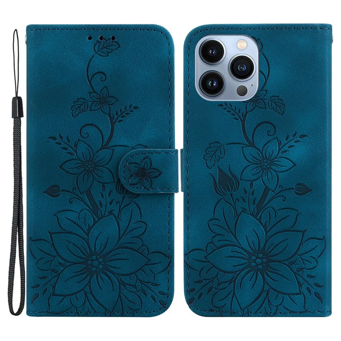 For iPhone 15 Pro Max PU Leather Wallet Stand Cover Imprinted Lily Flower Phone Case Shockproof Phone Shell - Dark Blue - 1