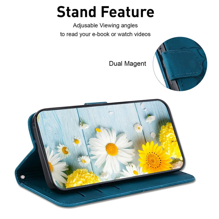 For iPhone 15 Pro Max PU Leather Wallet Stand Cover Imprinted Lily Flower Phone Case Shockproof Phone Shell - Dark Blue - 2