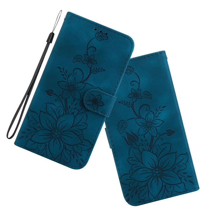 For iPhone 15 Pro Max PU Leather Wallet Stand Cover Imprinted Lily Flower Phone Case Shockproof Phone Shell - Dark Blue - 5