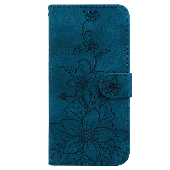 For iPhone 15 Pro Max PU Leather Wallet Stand Cover Imprinted Lily Flower Phone Case Shockproof Phone Shell - Dark Blue - 7