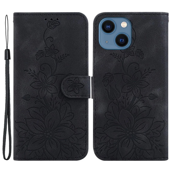 For iPhone 15 Plus Imprinted Lily Flower Case Shockproof PU Leather Wallet Stand Shell - Black - 1