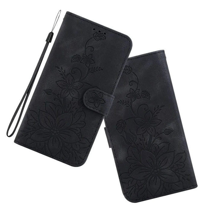 For iPhone 15 Plus Imprinted Lily Flower Case Shockproof PU Leather Wallet Stand Shell - Black - 5