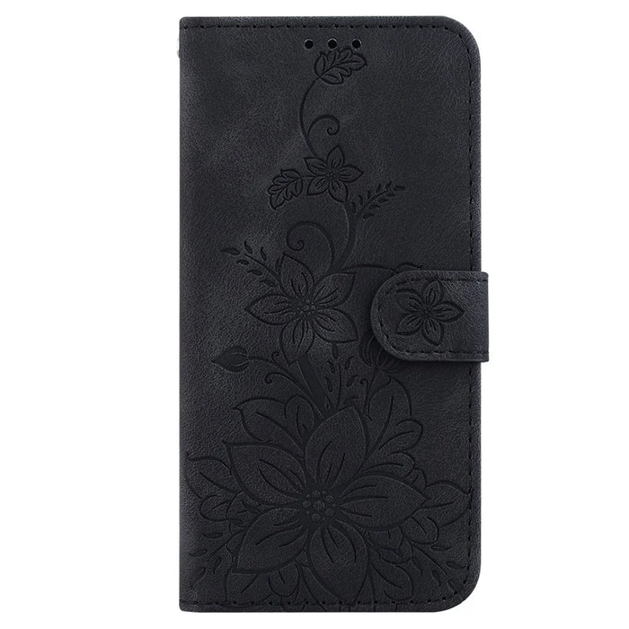 For iPhone 15 Plus Imprinted Lily Flower Case Shockproof PU Leather Wallet Stand Shell - Black - 7