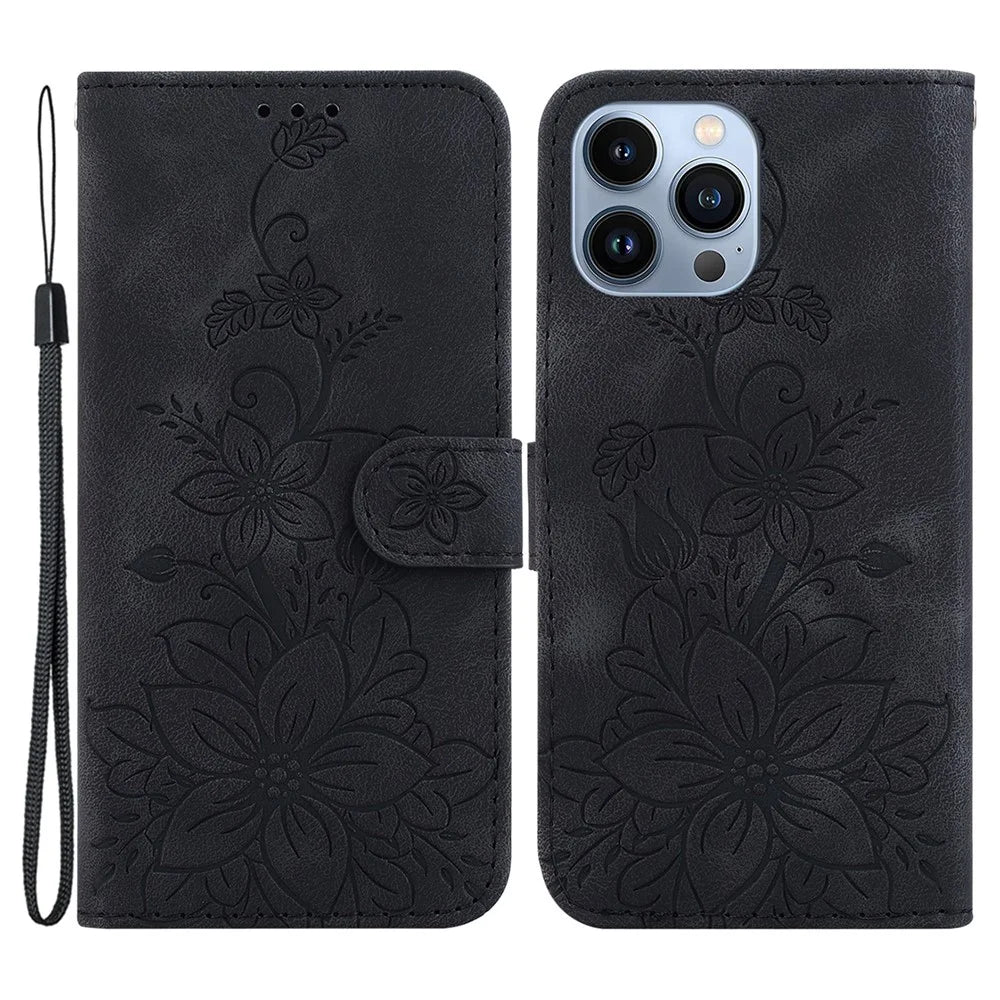 For iPhone 15 Pro Imprinted Lily Flower Case Drop Resistant PU Leather Wallet Stand Shell - Black - 1