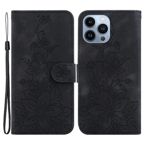 For iPhone 15 Pro Imprinted Lily Flower Case Drop Resistant PU Leather Wallet Stand Shell - Black - 1