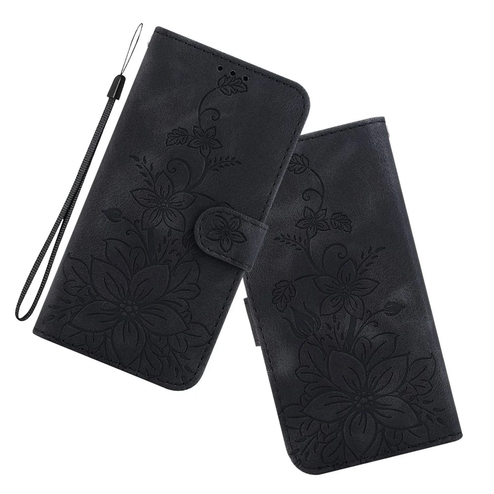 For iPhone 15 Pro Imprinted Lily Flower Case Drop Resistant PU Leather Wallet Stand Shell - Black - 5