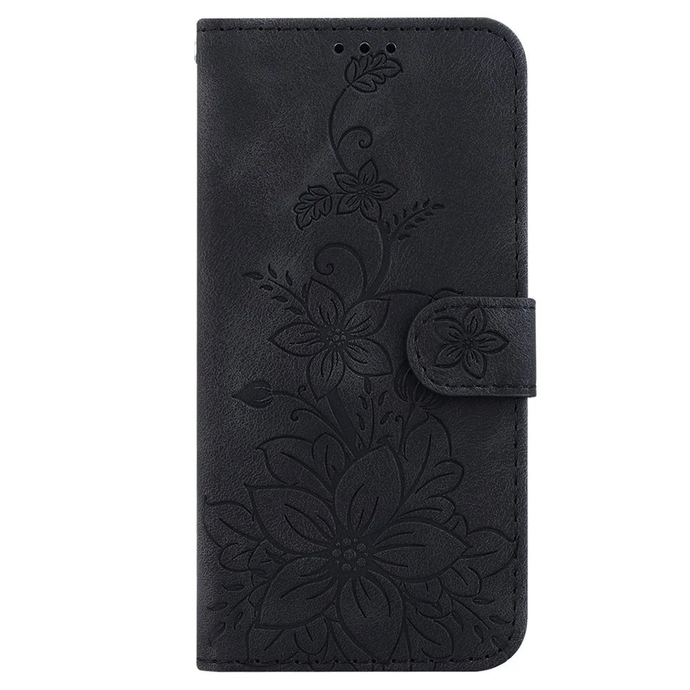 For iPhone 15 Pro Imprinted Lily Flower Case Drop Resistant PU Leather Wallet Stand Shell - Black - 7