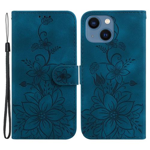For iPhone 15 Imprinted Lily Flower Case PU Leather Folio Flip Wallet Stand Shell - Dark Blue - 1