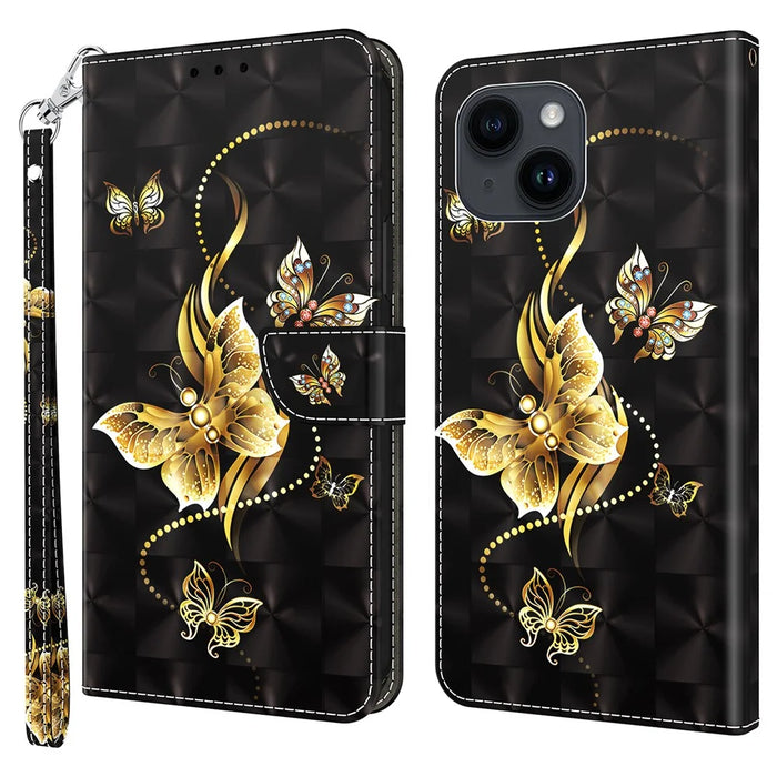 For iPhone 15 Protective Wallet Cover PU Leather 3D Pattern Printing Stand Phone Case with Strap - Golden Butterfly - 1
